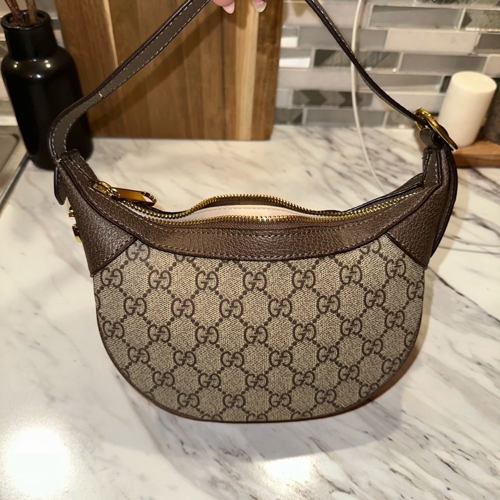 Gucci Beige GG Canvas Shoulder Bag with Brown Leather Trim